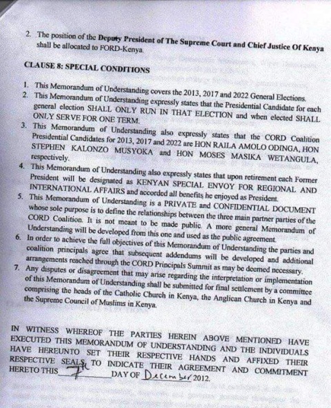 CORD MOU that Raila signed with Kalonzo and Wetangula