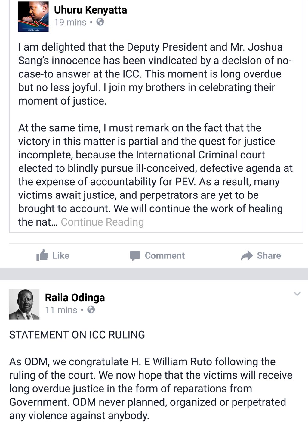 Uhuru Kenyatta and Raila Odinga congratulate William Ruto and Joshua Arap Sang after no case to answer motion in the ICC was dropped