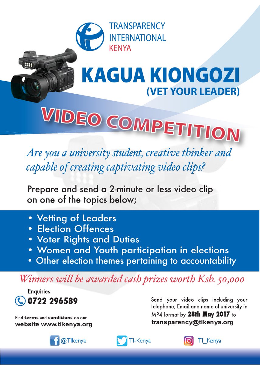 Kagua Kiongozi Video Competition by TI Kenya, Vet your leader, Transparency international Kenya, university students, Vetting of Leaders, Election Offences, Voter rights and duties, Women and Youth participation in elections, Voter Education project